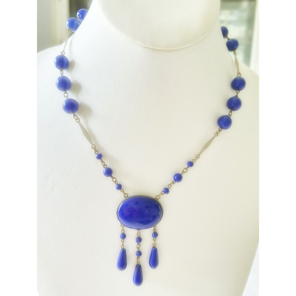 Vintage Blue Glass Bead Lariat Necklace